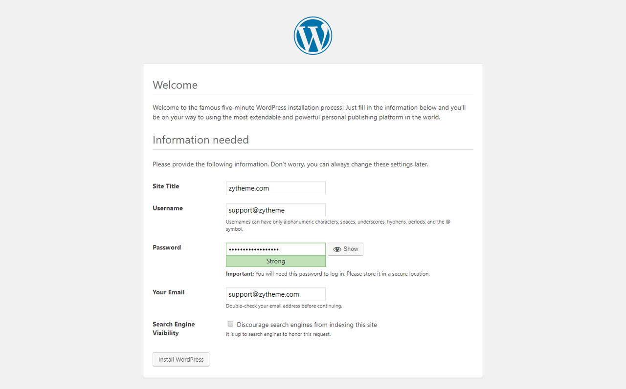 input information for WordPress creation
