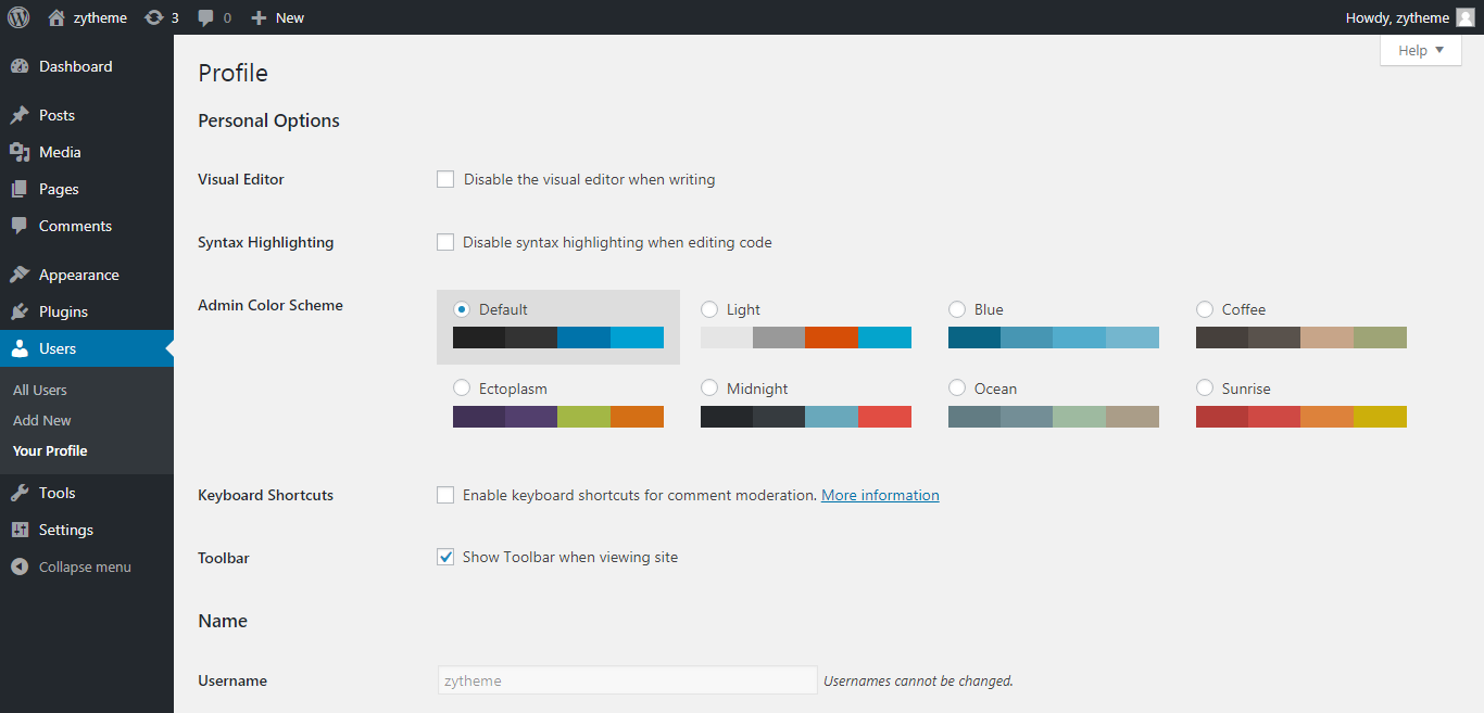 change the admin color scheme in wordpress change the color